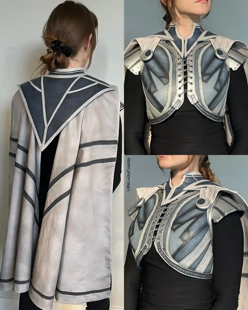 A collage of three photos showing a person wearing a custom-made, light gray and dark blue armored cape with silver trim and…