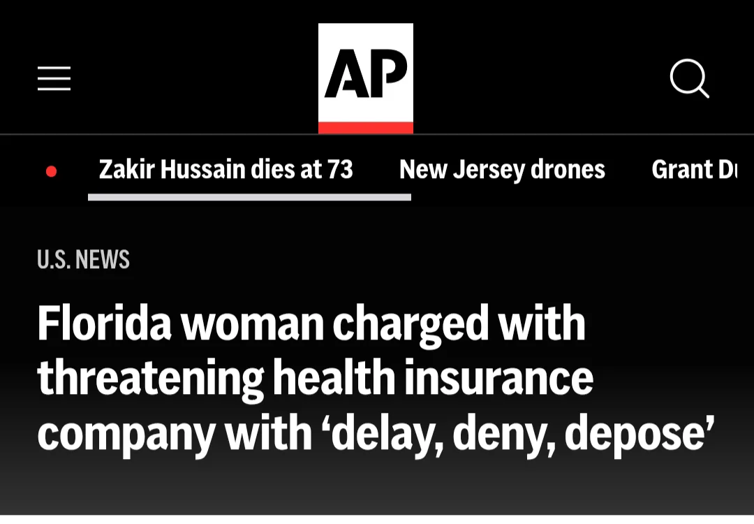 A screenshot of an AP News app interface shows a headline about a Florida woman charged with threatening a health insurance…