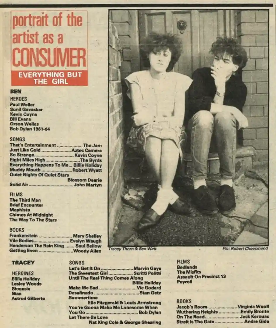 A black-and-white magazine spread featuring two people, Tracey Thorn and Ben Watt, sitting on a doorstep. The layout is…