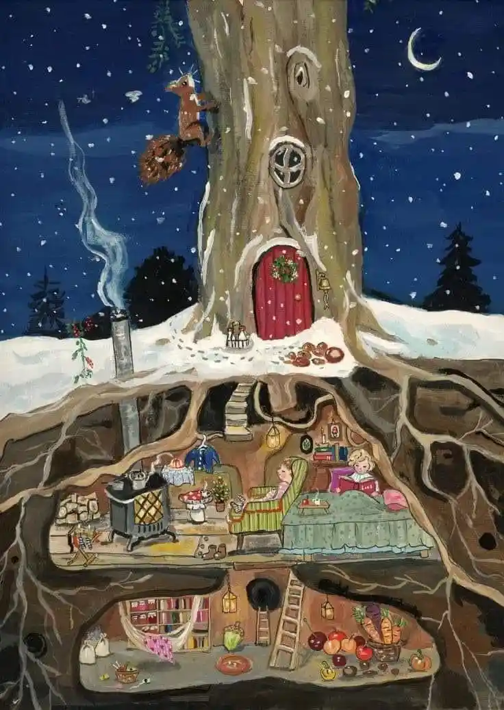 A whimsical illustration shows a treehouse with a red door and a squirrel on top, set against a snowy night sky with a…