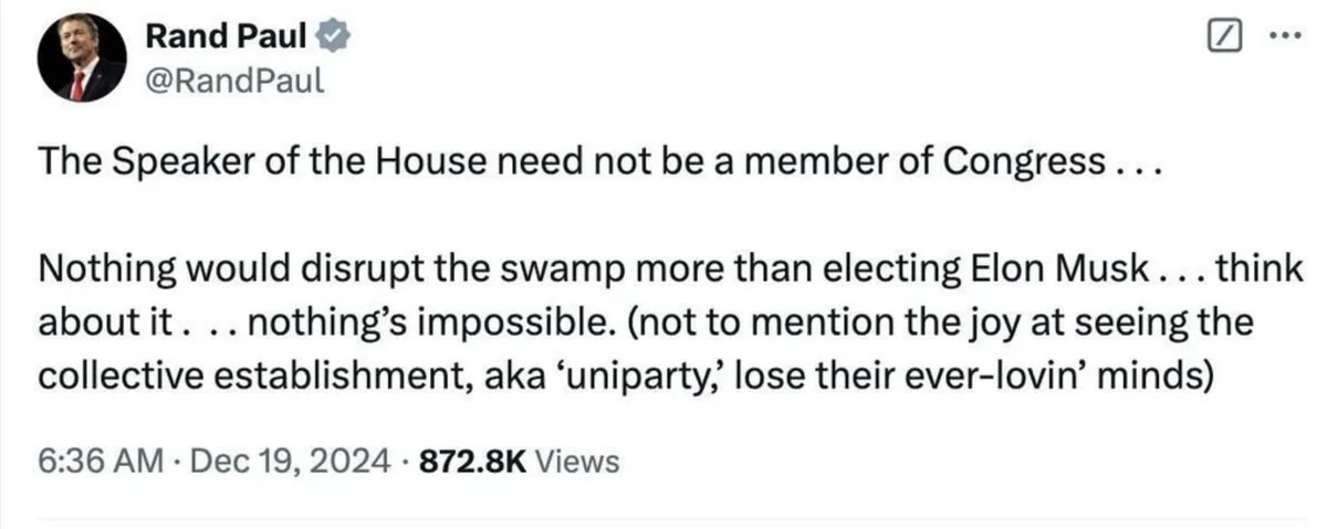 A screenshot of a tweet from Rand Paul's verified Twitter account, showing his profile picture and the full text of his…