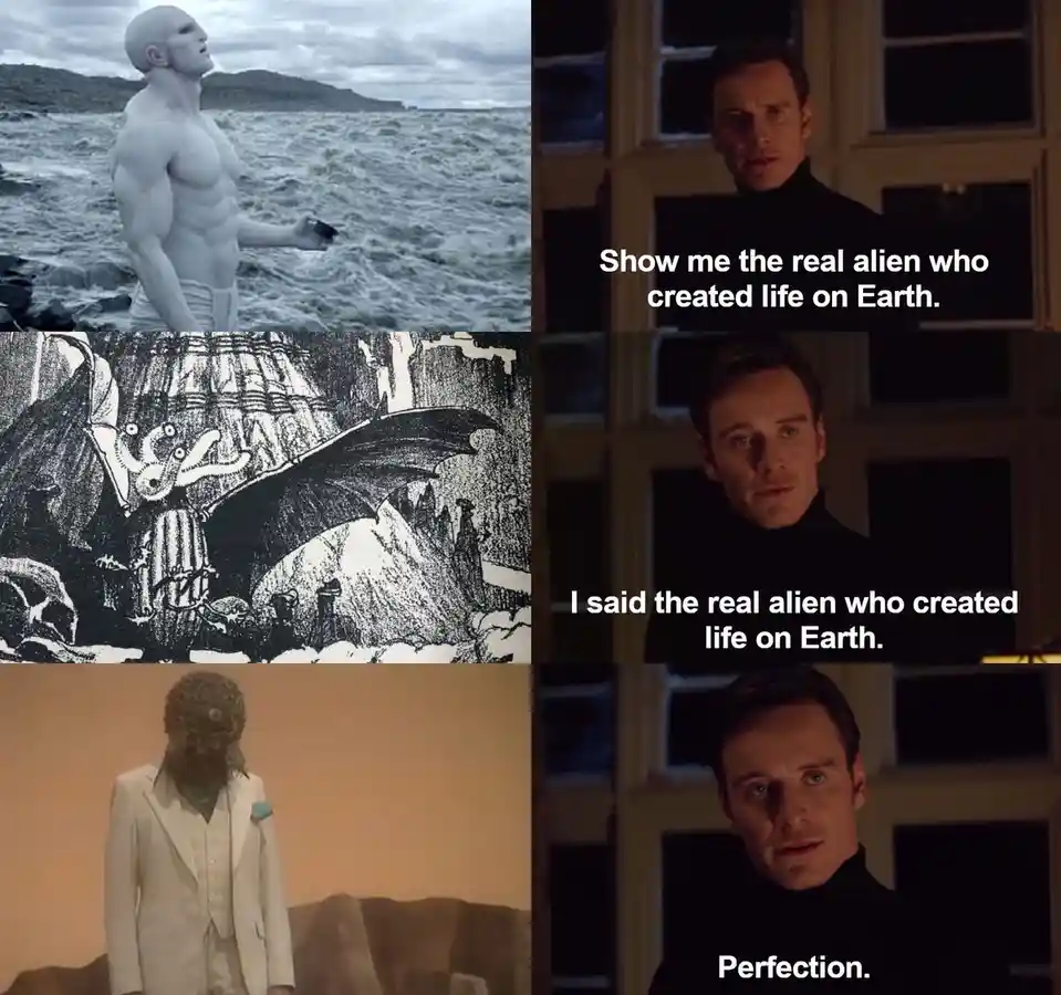 This meme collage features three images: a pale, muscular man standing by the ocean; a black-and-white illustration of a…