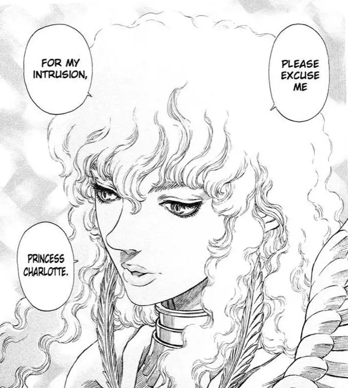 A black-and-white manga panel shows a woman with voluminous curly hair and a high collar, looking down with a serious…