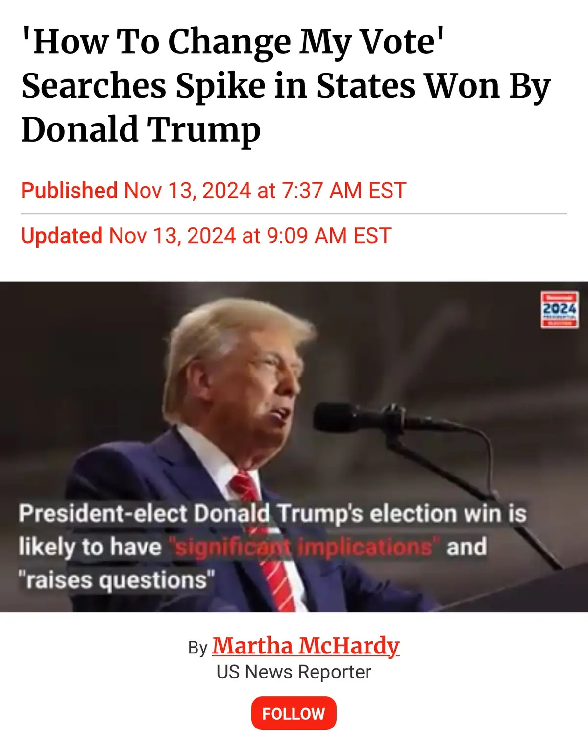 A screenshot of a fake news article header with the headline 'How To Change My Vote' Searches Spike in States Won By Donald…
