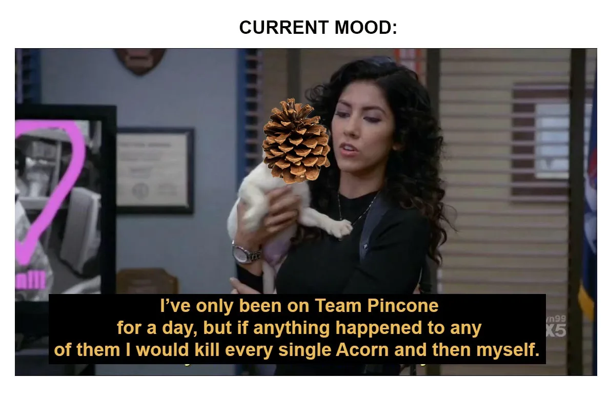 A woman holds a small white dog while a large pinecone is digitally superimposed over her head. Text above reads 'CURRENT…
