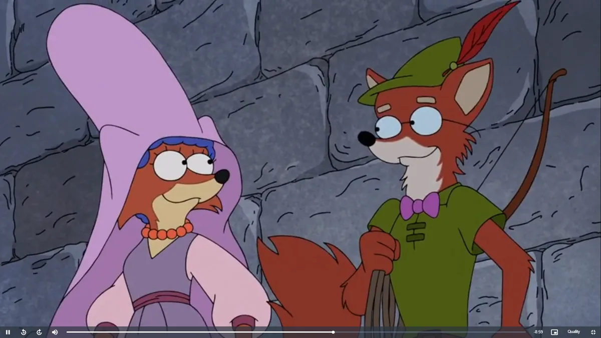 Two animated fox characters stand in a stone-walled setting. The fox on the left wears a large purple hooded costume with a…