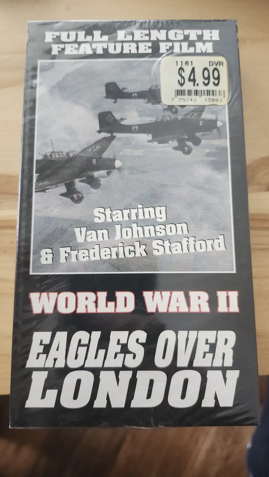 A VHS tape cover for a fictional World War II film titled 'Eagles Over London' featuring a black-and-white image of German…