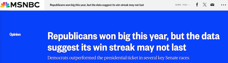 A screenshot of an MSNBC news article with a blue background and white text. The headline reads 'Republicans won big this…