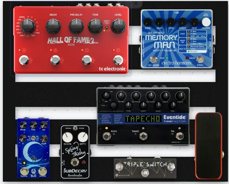 A collage of six different guitar effects pedals, including a red 'Hall of Fame 2 x4' reverb pedal, a blue 'stereo memory…