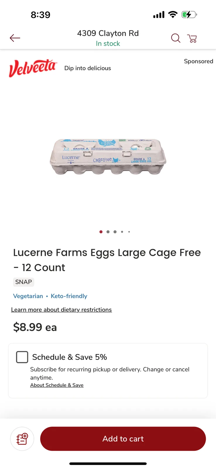 A screenshot of a grocery app product page for Lucerne Farms Cage Free eggs, priced at $8.99 each, with an 'Add to cart'…