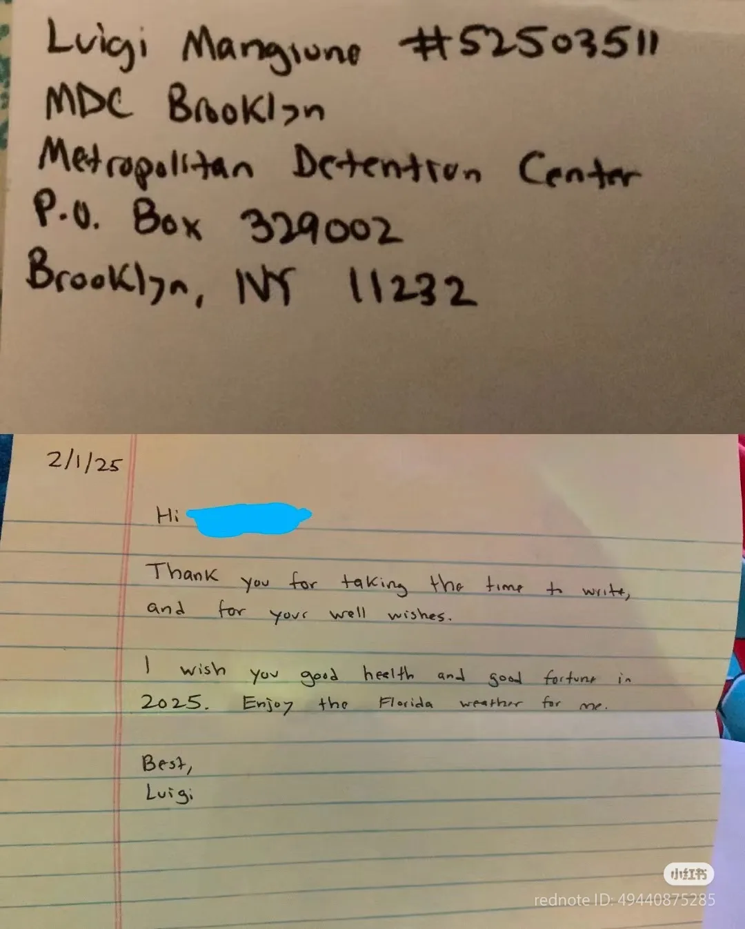 The image displays two handwritten notes. The top note is an address label for Luigi Mangione, inmate #52503511, at the…