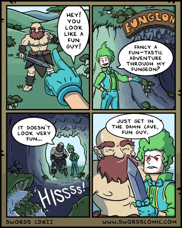 A four-panel comic shows a muscular barbarian being invited into a cave called 'Fungeon' by a flamboyant green-haired man…