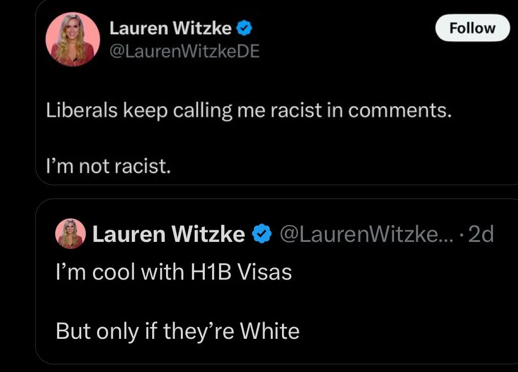 A screenshot of two tweets from verified user Lauren Witzke. The first tweet says 'Liberals keep calling me racist in…