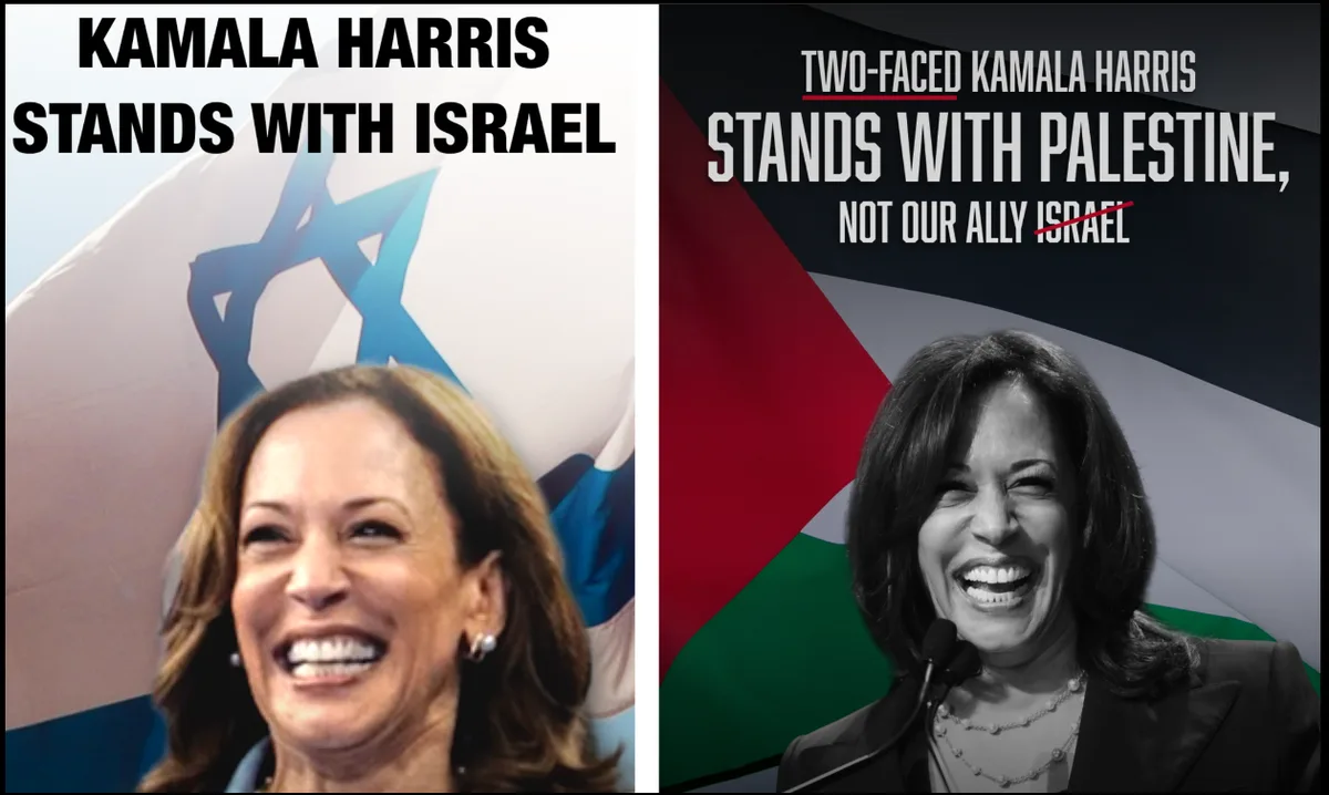 The image is split into two panels showing Kamala Harris smiling. The left panel has a blue Star of David and text saying…