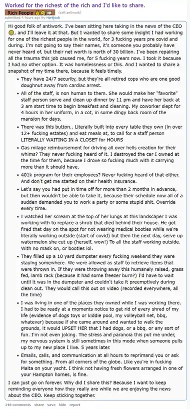 A Reddit post screenshot from the 'antiwork' subreddit, where a user recounts their 3-year job for a billionaire, detailing…