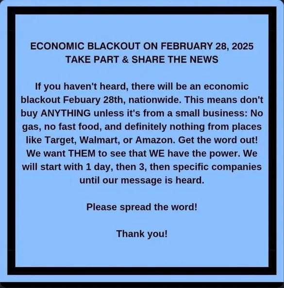 A blue background with black text mimicking a fake public service announcement. The text falsely claims an 'economic…