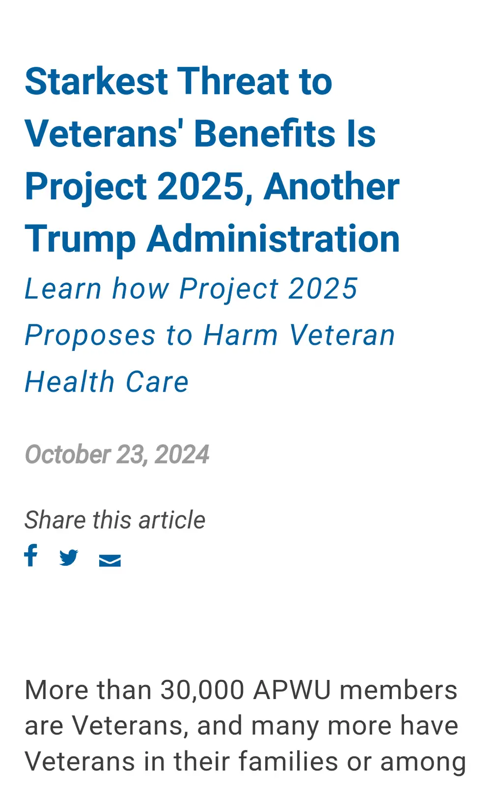 The image displays a screenshot of a news article headline in blue text stating 'Starkest Threat to Veterans' Benefits Is…