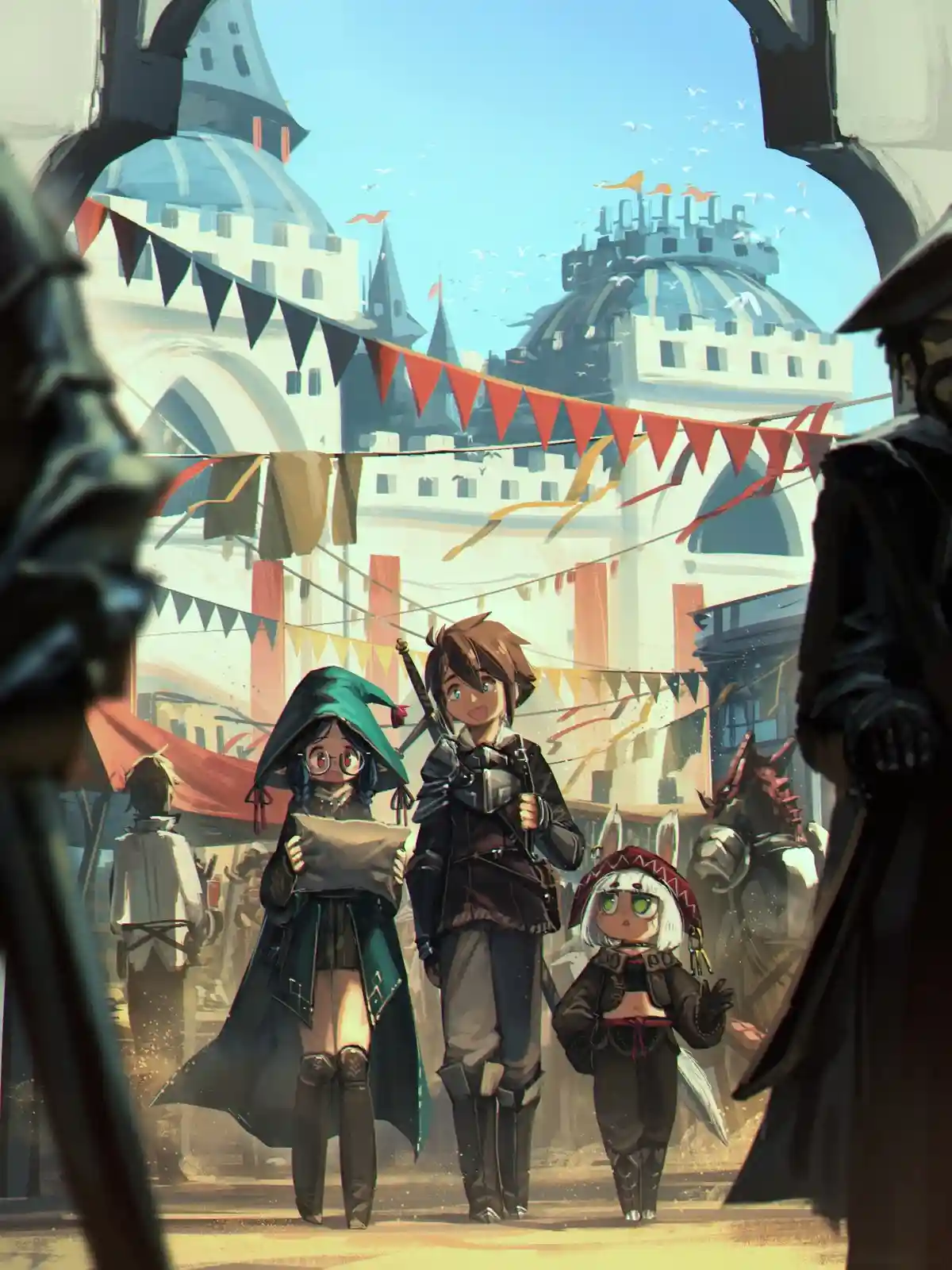 An anime-style illustration shows three adventurers walking through a festive, sunlit fantasy town with banners and domed…