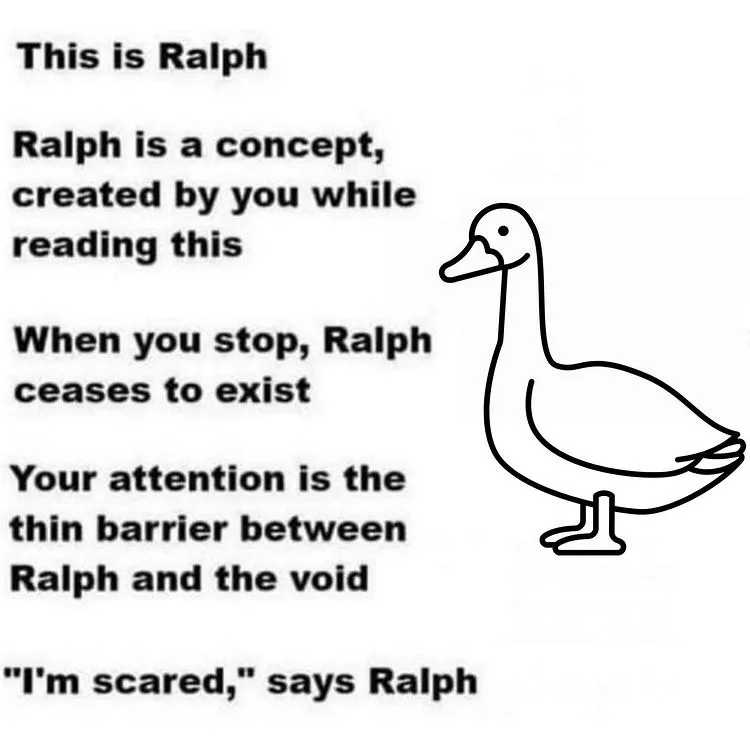 A simple black-and-white line drawing of a duck stands to the right of five blocks of text. The text introduces 'Ralph,' a…