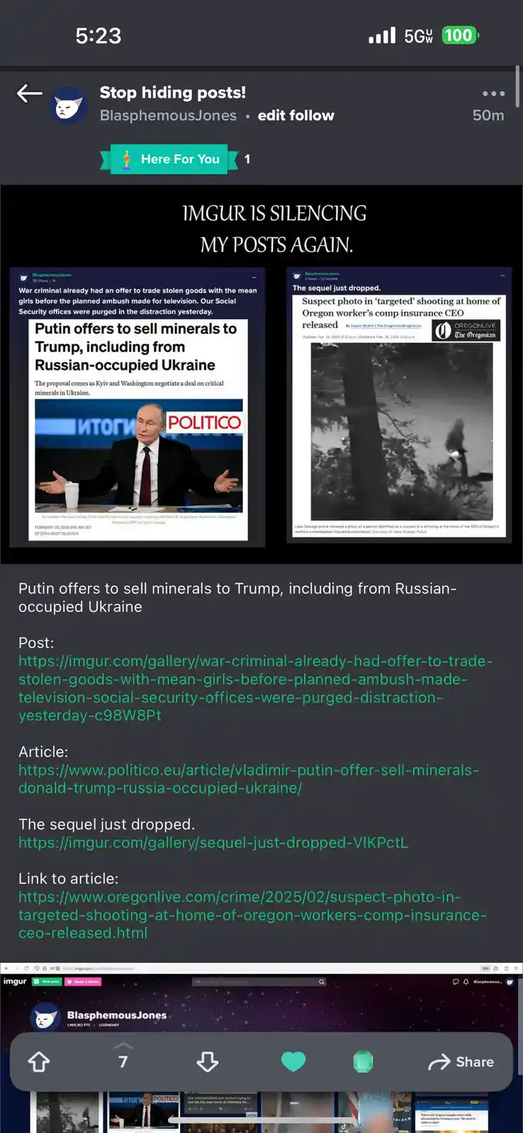 An Imgur post by user 'BlasphemousJones' shows two fake news articles side-by-side: one with a photo of Vladimir Putin and a…