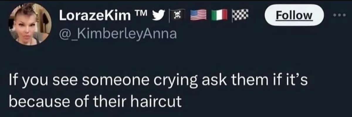 A screenshot of a tweet from user LorazeKim™ (@_KimberleyAnna) showing a profile picture of a woman with short hair. The…
