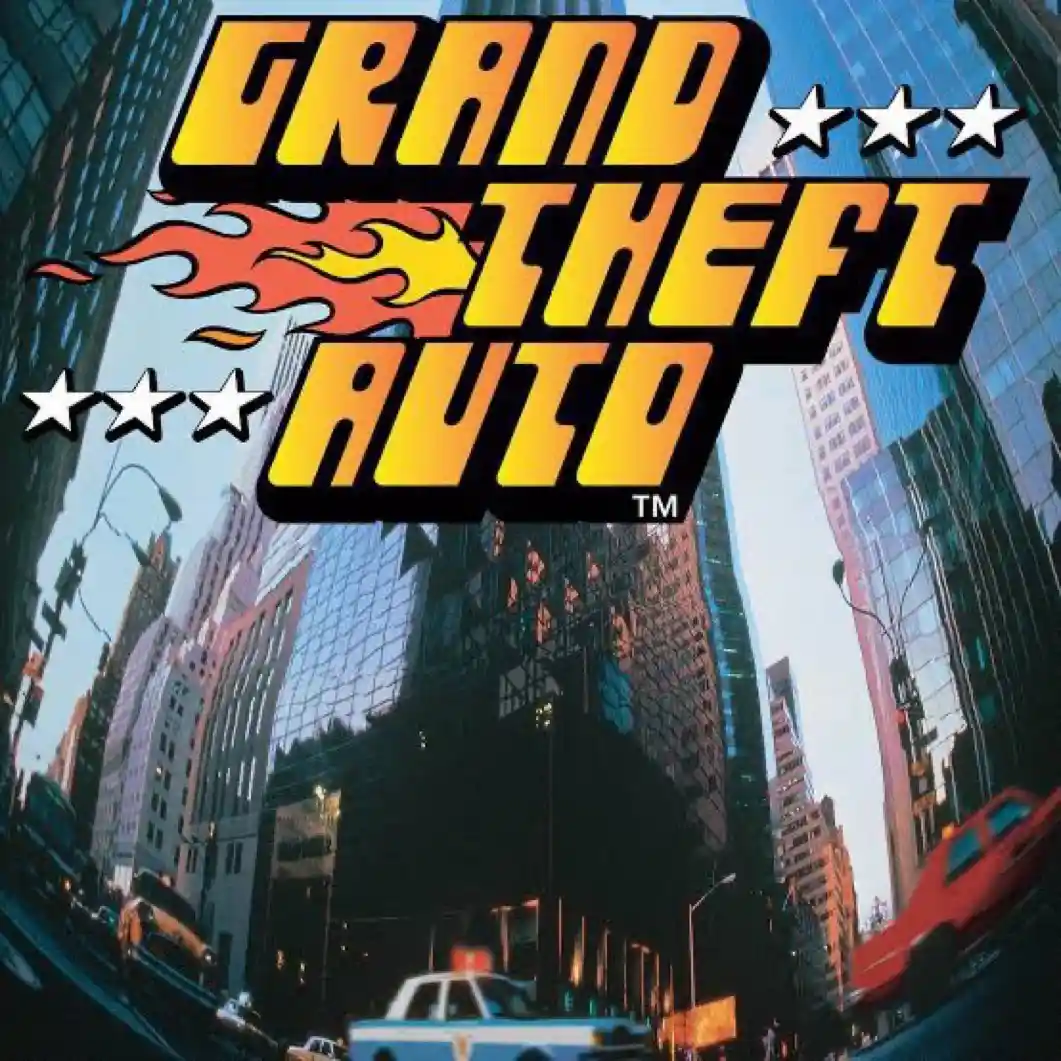 The image displays the iconic Grand Theft Auto logo in bold yellow and black lettering with a flame graphic, set against a…