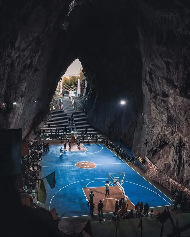 Incredible Basketball Court Built Inside a Karst Cave in Guizhou, China