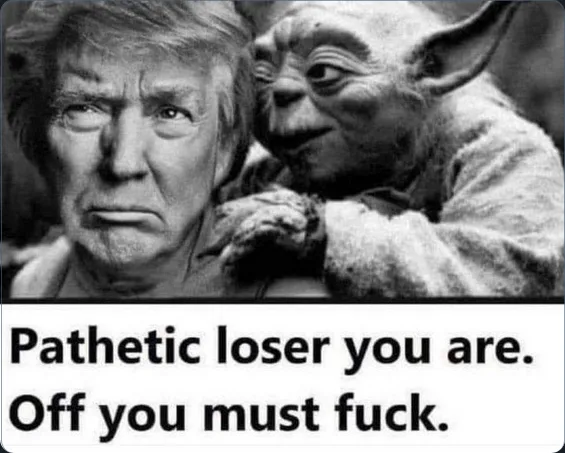 A black-and-white image shows Donald Trump looking stern and annoyed, while Yoda from Star Wars leans in close to his ear…