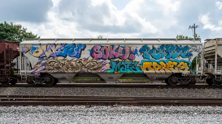 A side view of a white railroad hopper car covered in colorful graffiti art, sitting on train tracks under a cloudy sky. The…