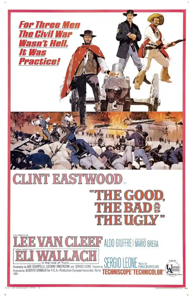 This is a vintage movie poster for 'The Good, The Bad and The Ugly,' featuring Clint Eastwood, Lee Van Cleef, and Eli…
