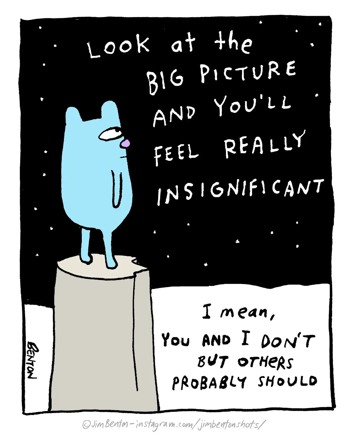 A cartoon blue cat stands atop a pedestal against a starry night sky, with text above it reading 'Look at the BIG PICTURE…