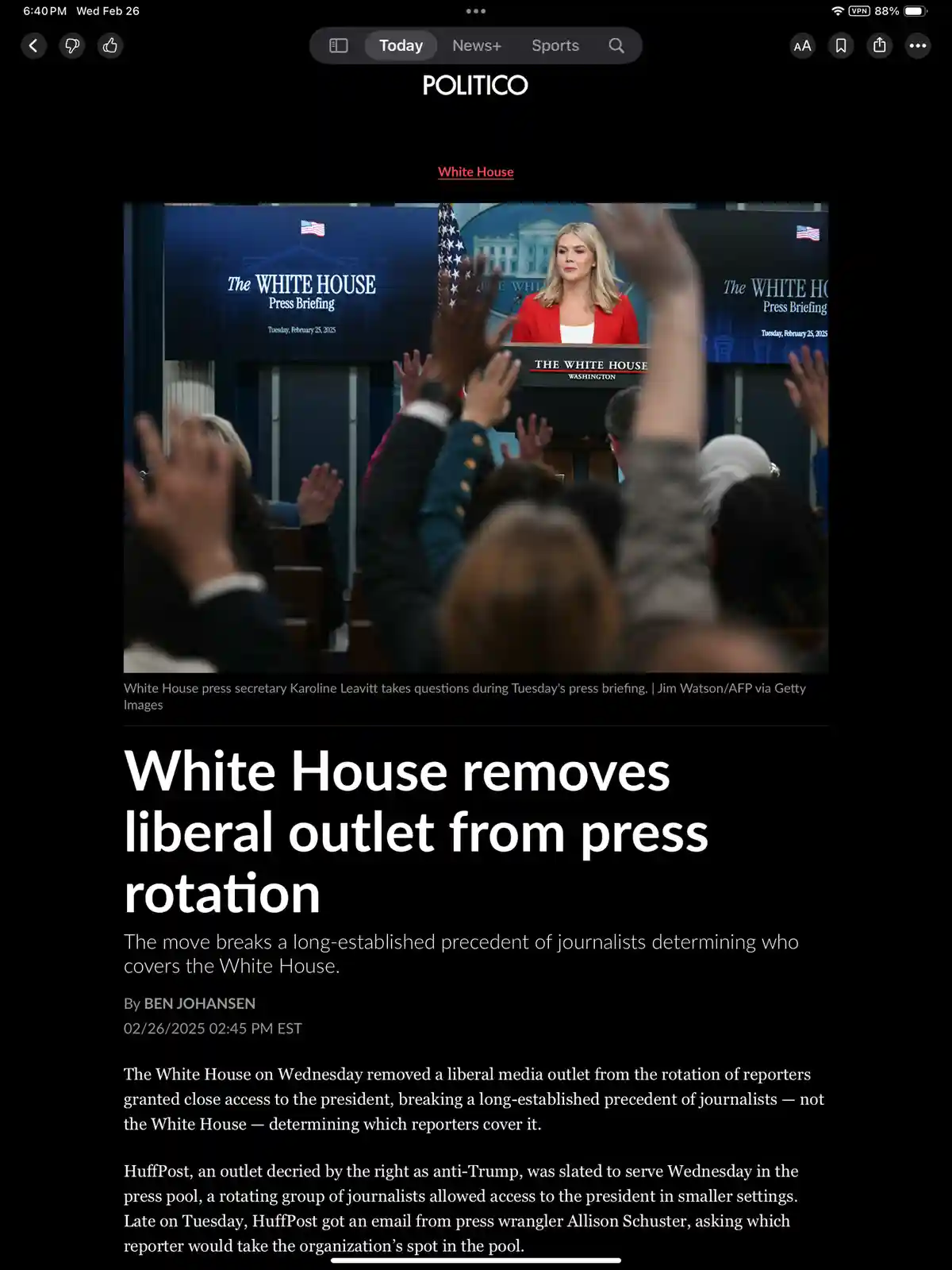 A screenshot of a Politico news article shows White House press secretary Karoline Leavitt at a press briefing with…