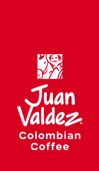 A red background with the white Juan Valdez logo, featuring a stylized illustration of a man with a hat and a coffee sack…