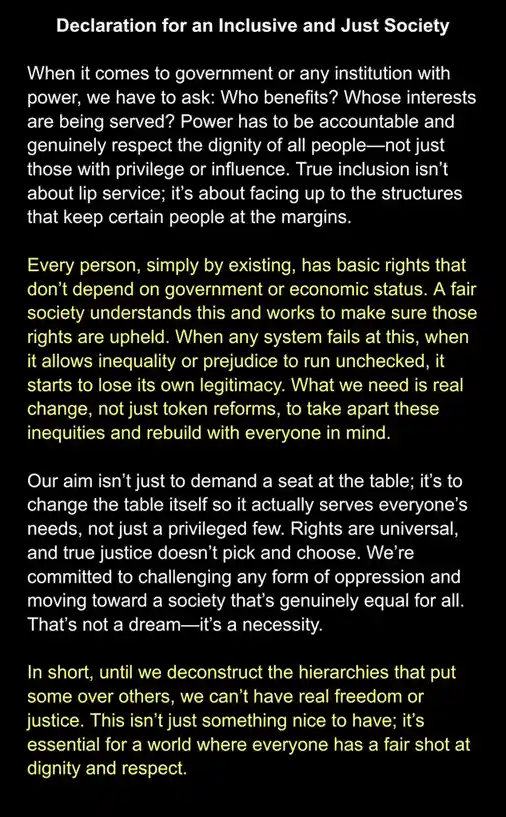 A black background displays a formal text titled 'Declaration for an Inclusive and Just Society,' written in white and…