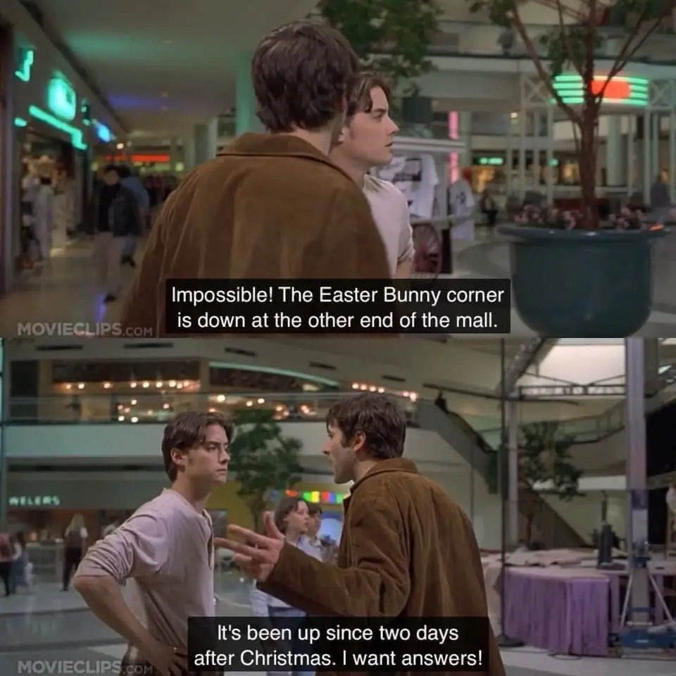 Two men are in a mall, one in a brown jacket and one in a light shirt. The first panel shows the man in the brown jacket…