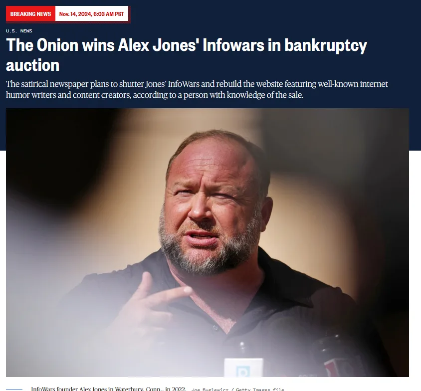 A screenshot of a news article with a headline reading 'The Onion wins Alex Jones' Infowars in bankruptcy auction' overlaid…