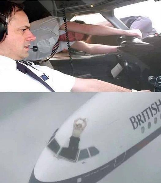 Top panel: A pilot in a cockpit looks concerned while another crew member leans over the controls. Bottom panel: A British…