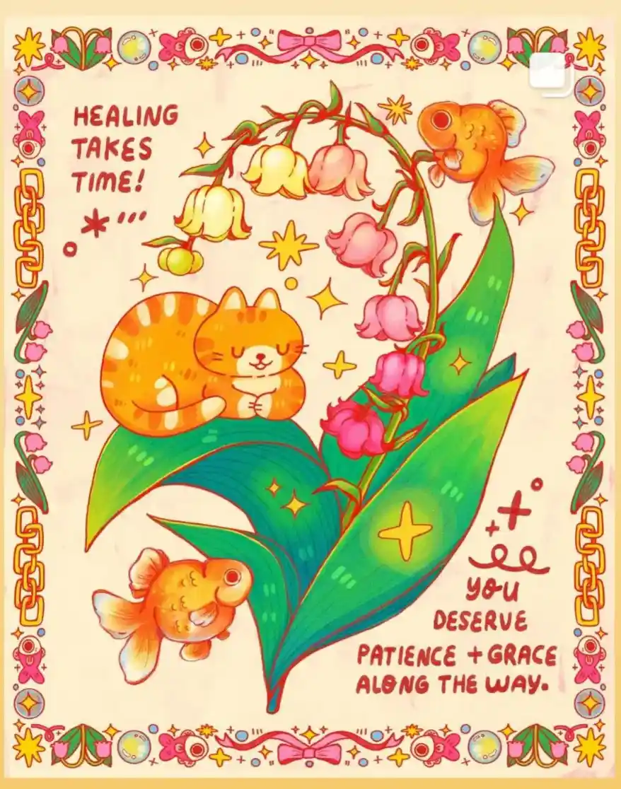 A whimsical, pastel-colored illustration features an orange tabby cat curled up peacefully on a large green leaf, surrounded…