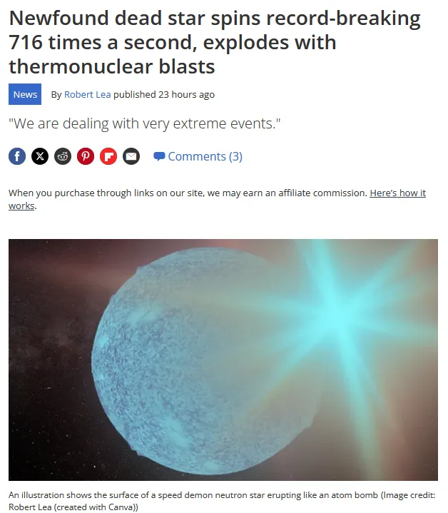 An illustration of a blue, textured neutron star with bright cyan starburst rays against a dark space background. Overlaid…