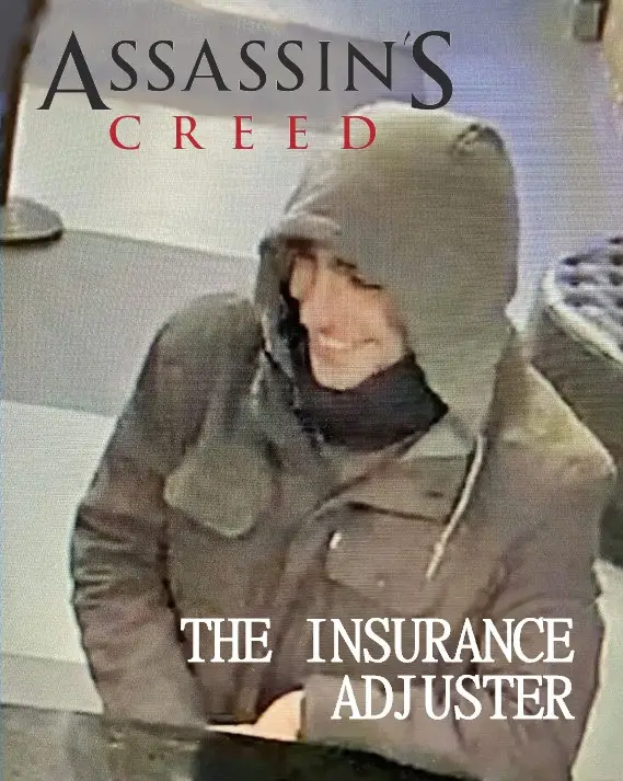 A grainy security camera image shows a person in a dark hooded jacket and scarf, smiling faintly while seated. The text…