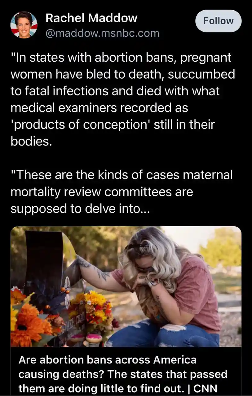 A screenshot of a tweet by Rachel Maddow featuring a photo of a woman kneeling at a grave, placing flowers. The tweet text…