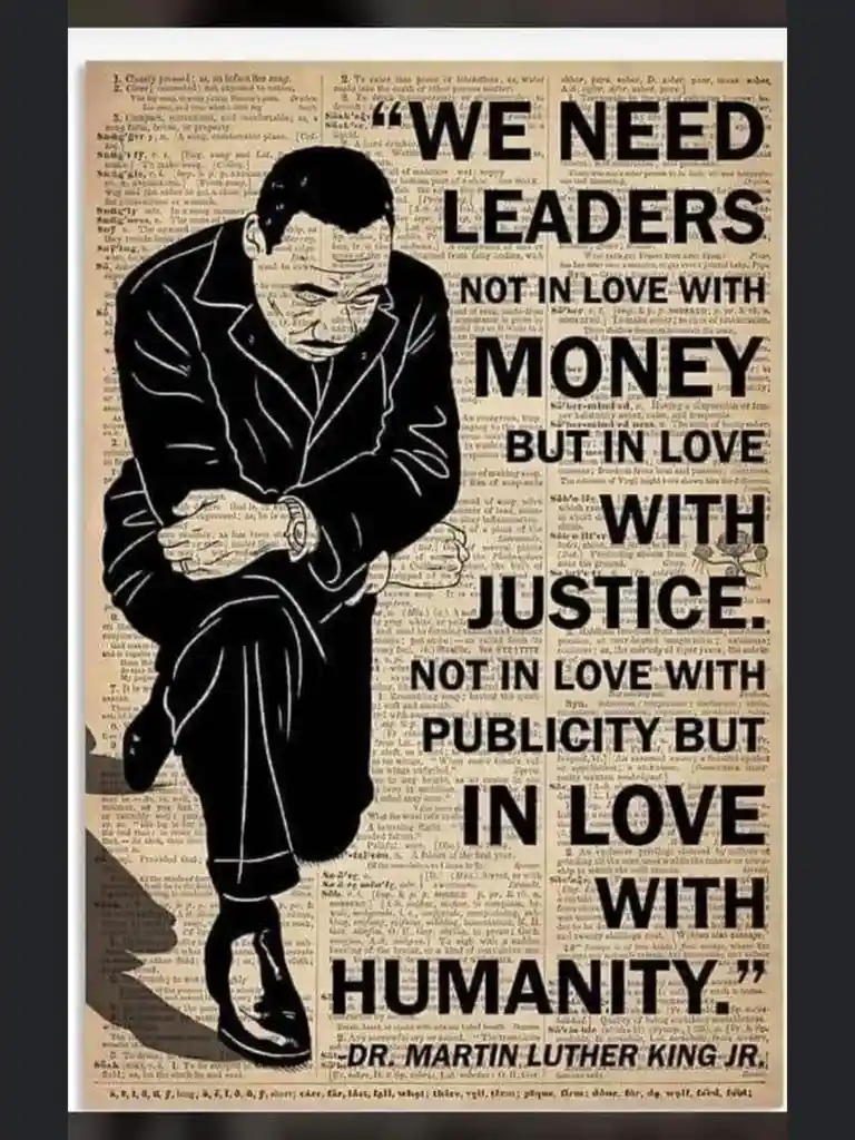 A black-and-white stylized illustration of Dr. Martin Luther King Jr. in a suit, standing with hands clasped, set against a…