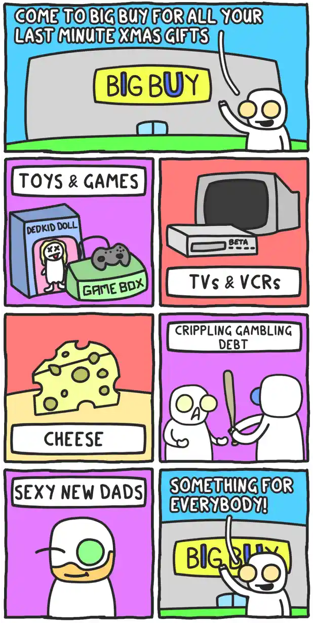 A comic strip showing a store called 'BIG BUY' advertising last-minute Christmas gifts. The panels show sections labeled…