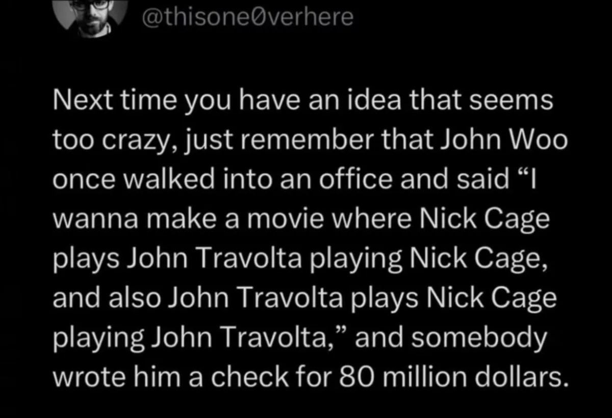 A black background with white text displays a humorous anecdote about director John Woo proposing an absurdly recursive…