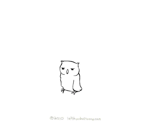 A six-panel comic strip shows a cartoon owl's reaction to a flying frisbee: first annoyed, then surprised, then blowing a…