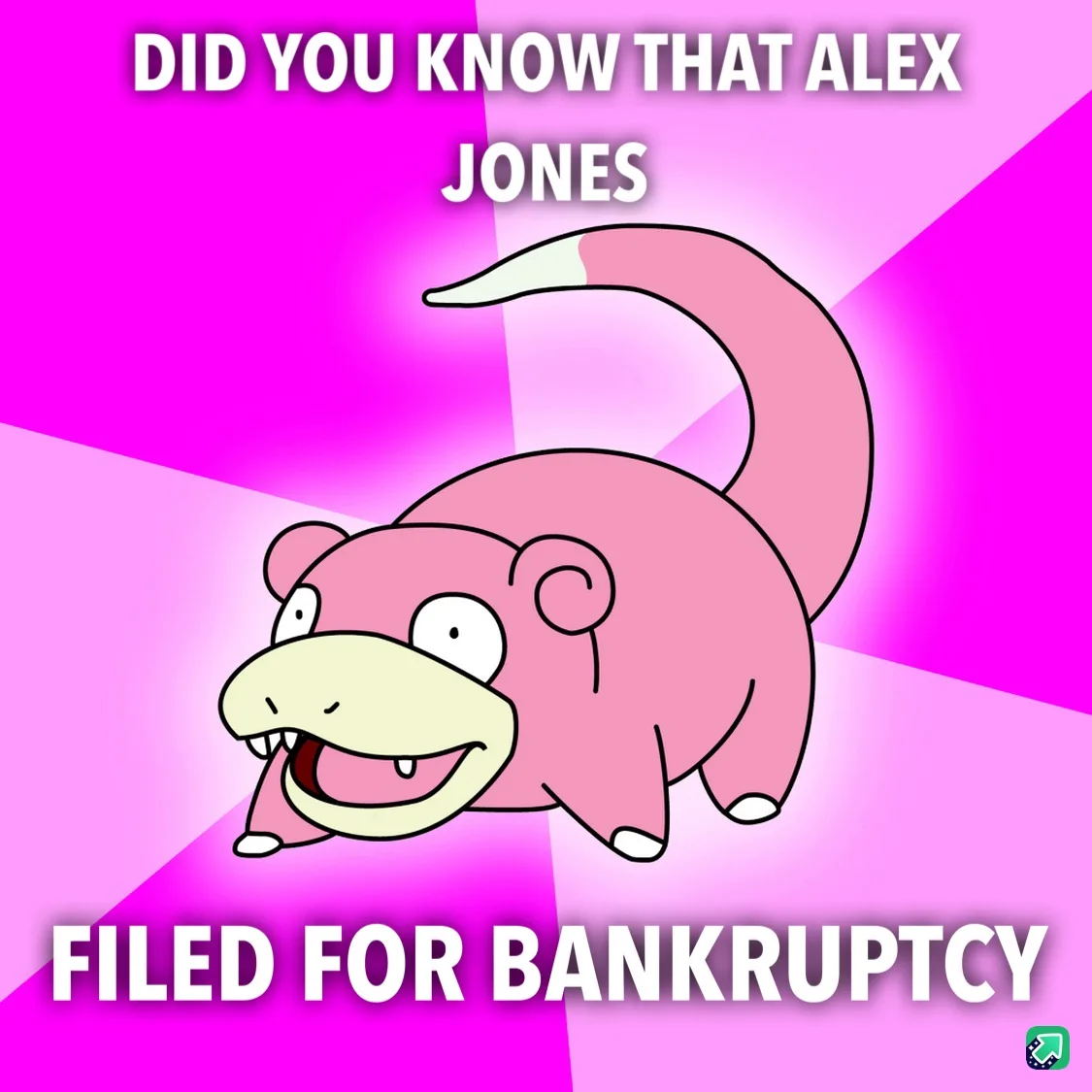 A pink cartoon Pokémon, Slowpoke, is shown against a vibrant pink and magenta background with diagonal light rays. White…
