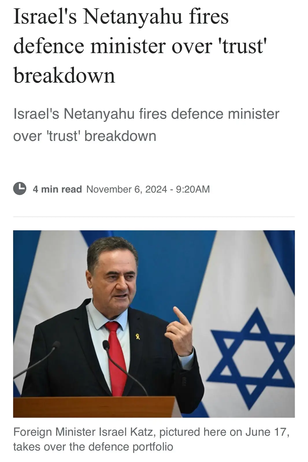 A screenshot of a news article shows a photo of Israeli Foreign Minister Israel Katz speaking at a podium with Israeli flags…