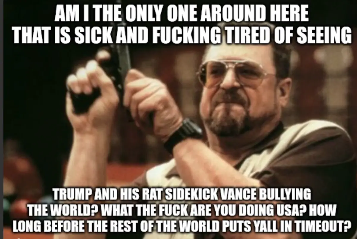 A man with glasses and a beard holds a gun with both hands, looking intensely at the viewer. The overlaid text expresses…