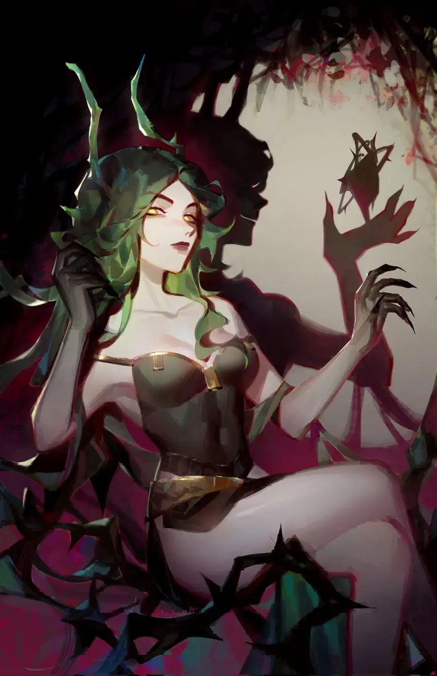 An anime-style illustration of a woman with green hair and glowing yellow eyes, wearing a dark corset and surrounded by…