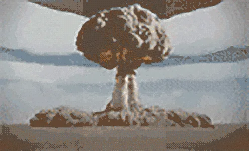 The image displays six sequential frames of a nuclear explosion, showing the mushroom cloud's formation and dissipation over…